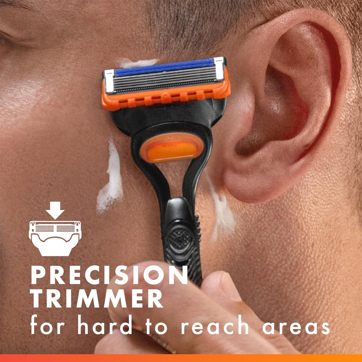 Highlights the precision trimmer attachment designed for hard-to-reach areas like sideburns and around the ears, reassuring shoppers of the product's…