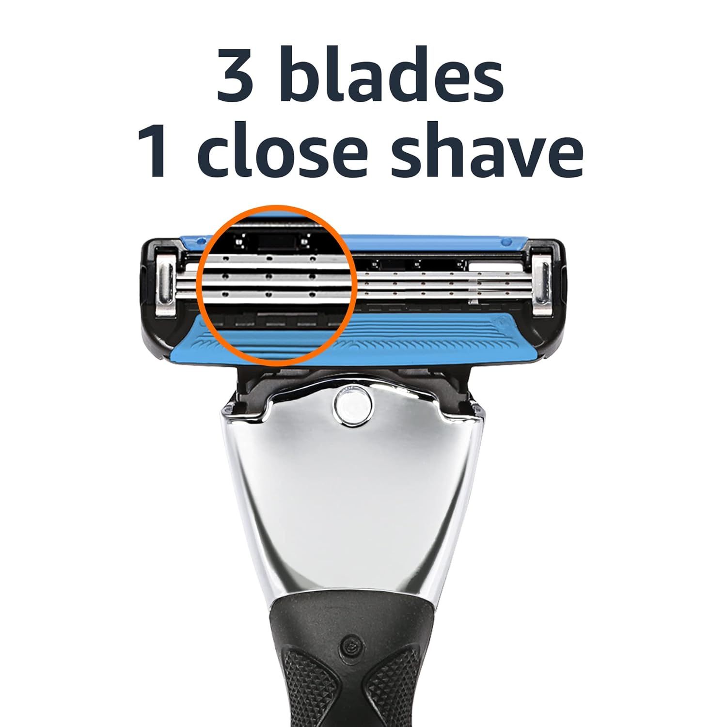 Highlights the physical structure of the razor head, specifically the 3-blade configuration, to communicate the product's shaving technology and reassure shoppers about its close-shave capability.…