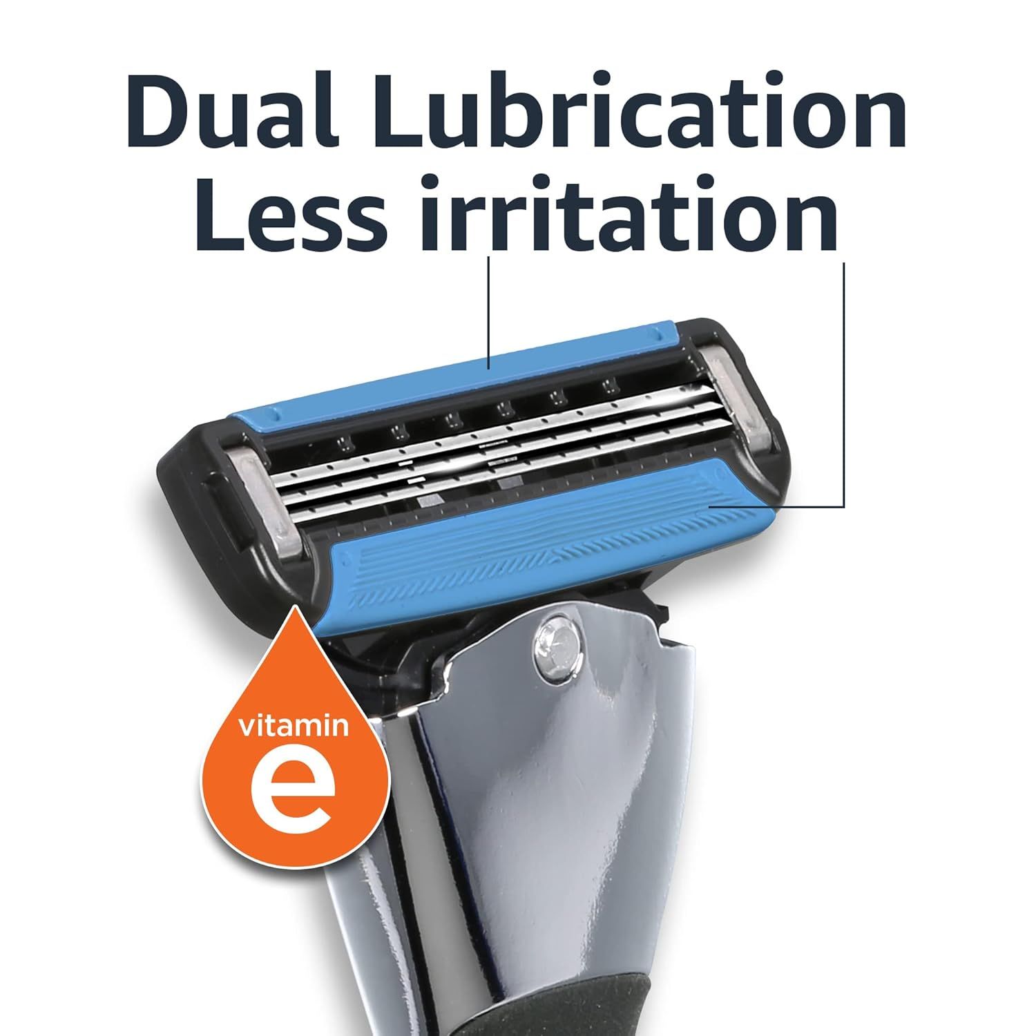 Highlights the razor's dual lubrication feature with vitamin E to communicate reduced irritation and a smoother, more comfortable shaving experience. Communicates the key benefit of reduced skin…