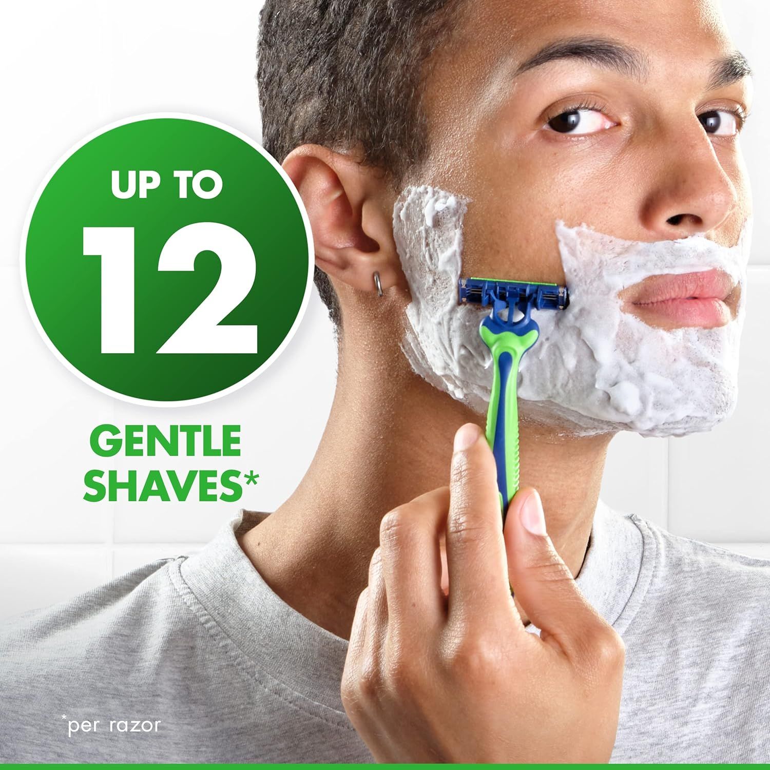 Communicates the product's longevity and value by highlighting that each razor provides up to 12 gentle shaves, reassuring shoppers about durability and…