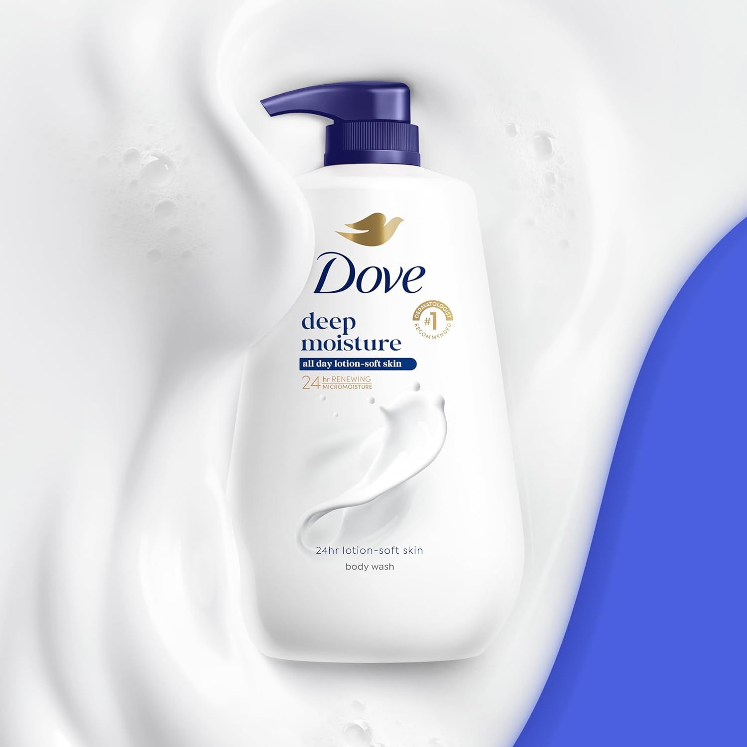 Provides a clean, catalog-style product image showing the Dove Deep Moisture body wash bottle with its pump dispenser and packaging details.
