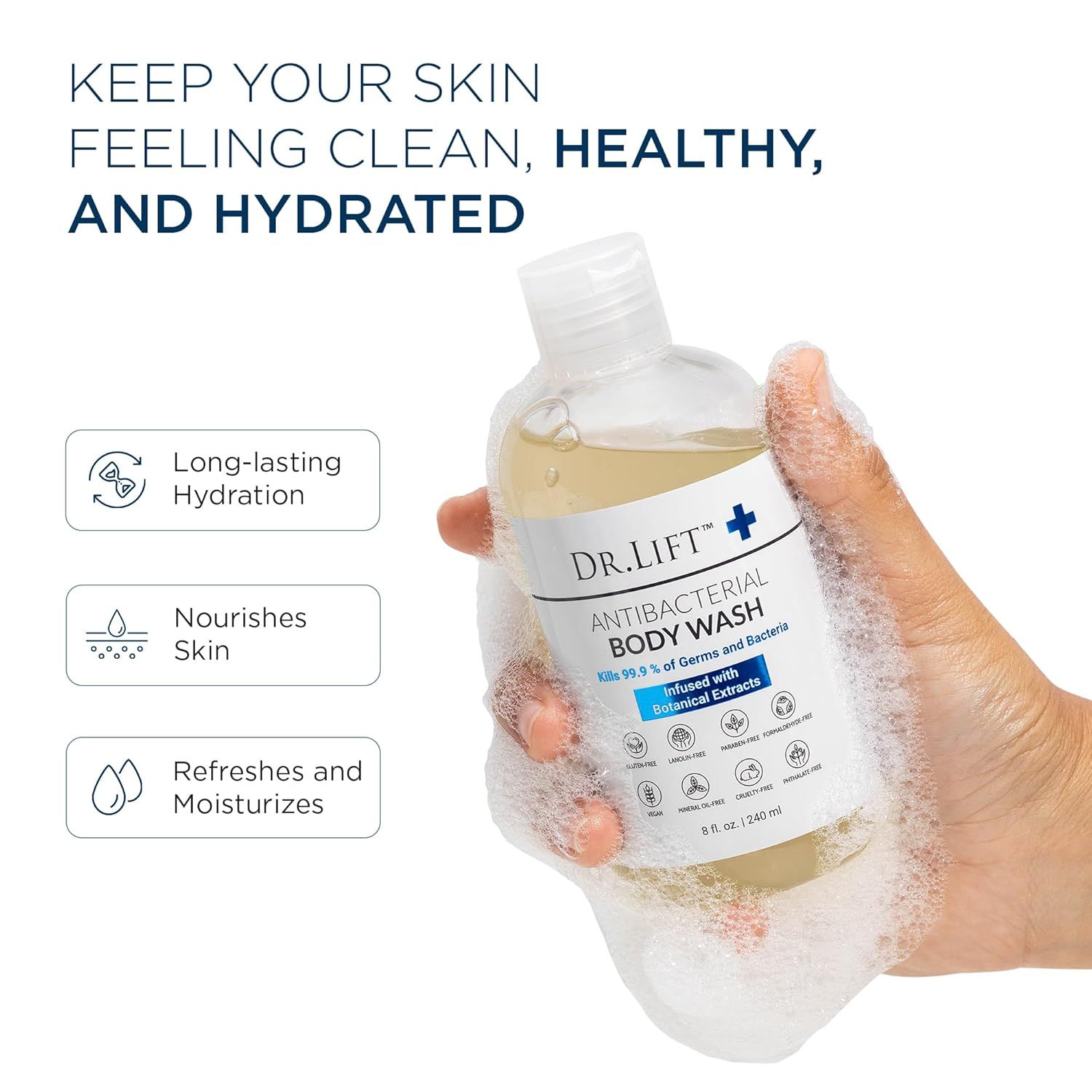 Communicates multiple skincare benefits of the antibacterial body wash, emphasizing hydration, nourishment, and moisturizing properties to reassure shoppers…