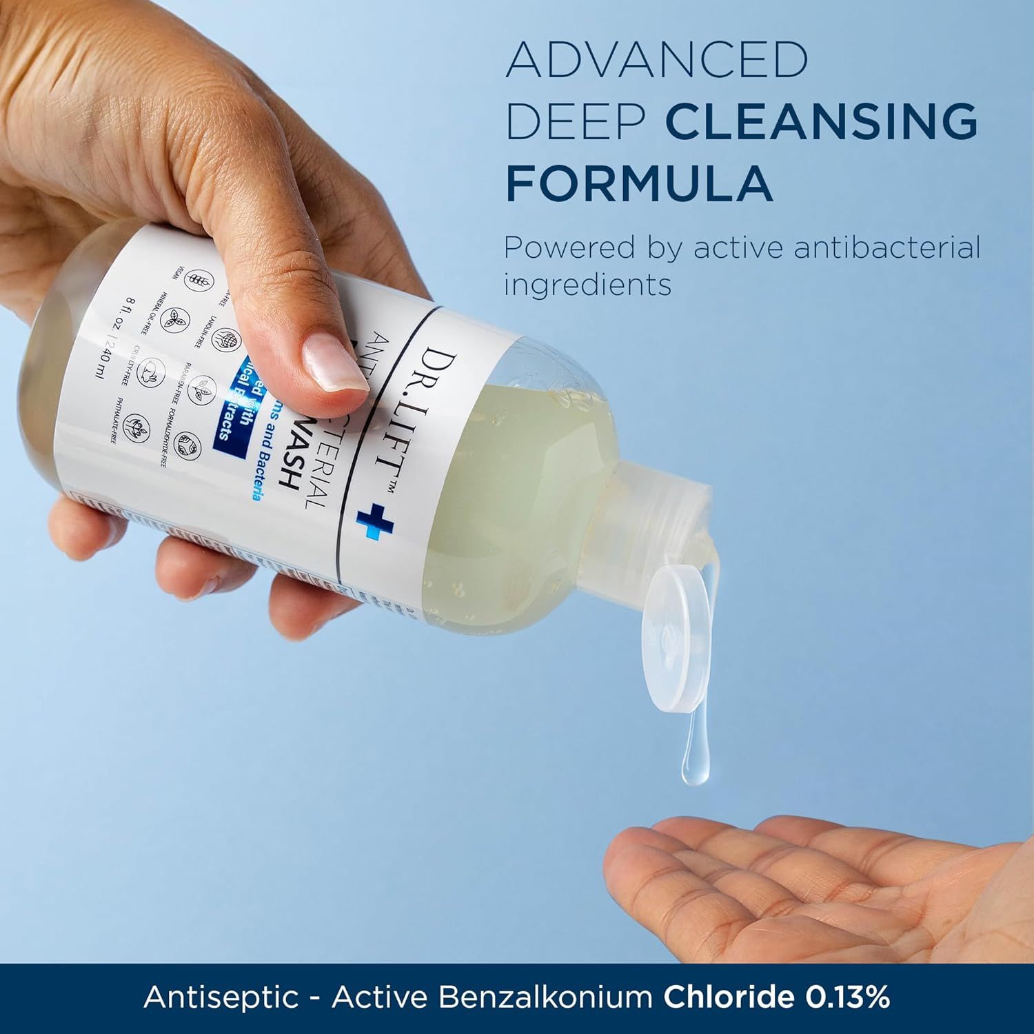 Highlights the product's advanced deep cleansing formula powered by active antibacterial ingredients to reassure shoppers of its effectiveness and hygiene…