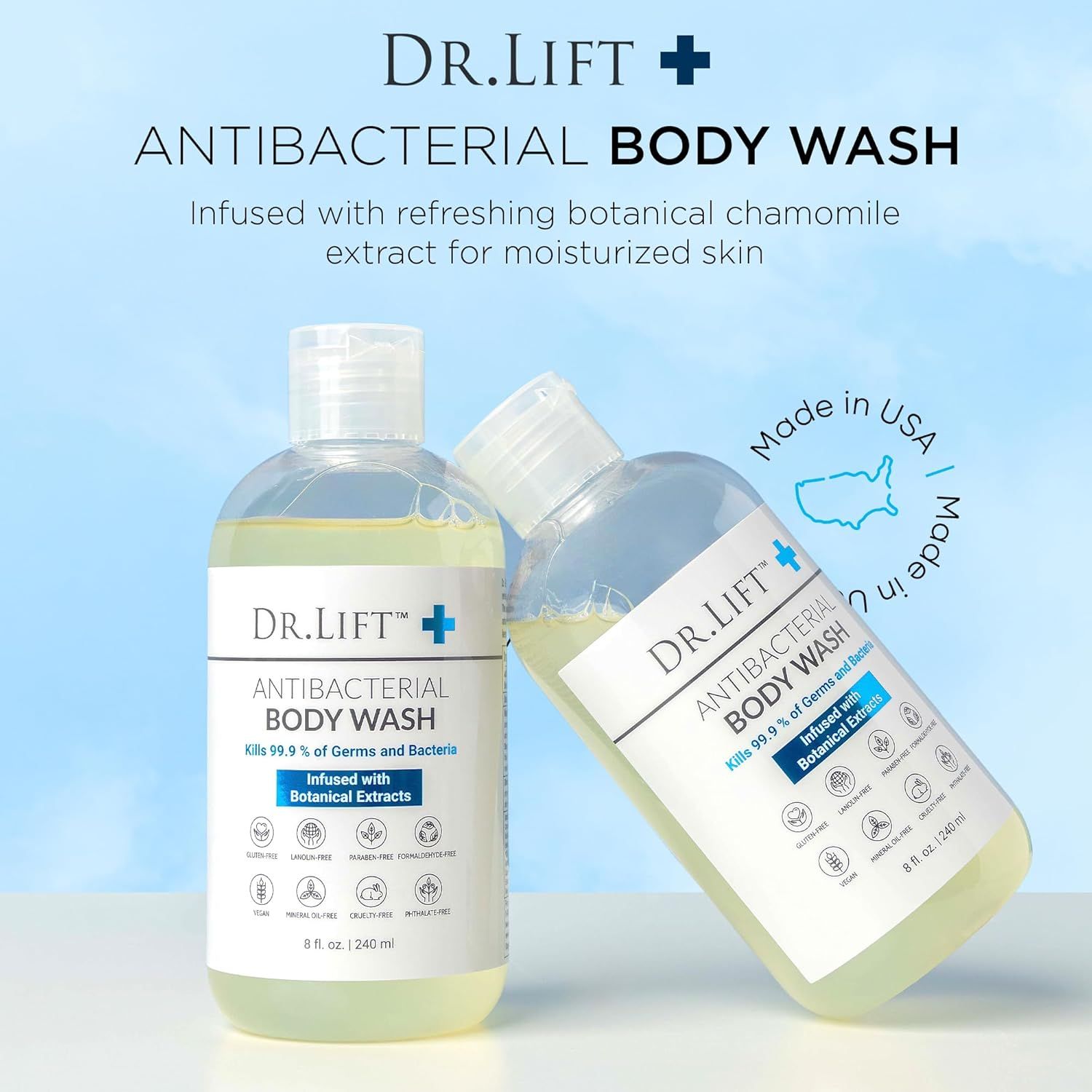 Communicates multiple product benefits including antibacterial protection, botanical ingredients, moisturizing properties, and numerous safety/clean…