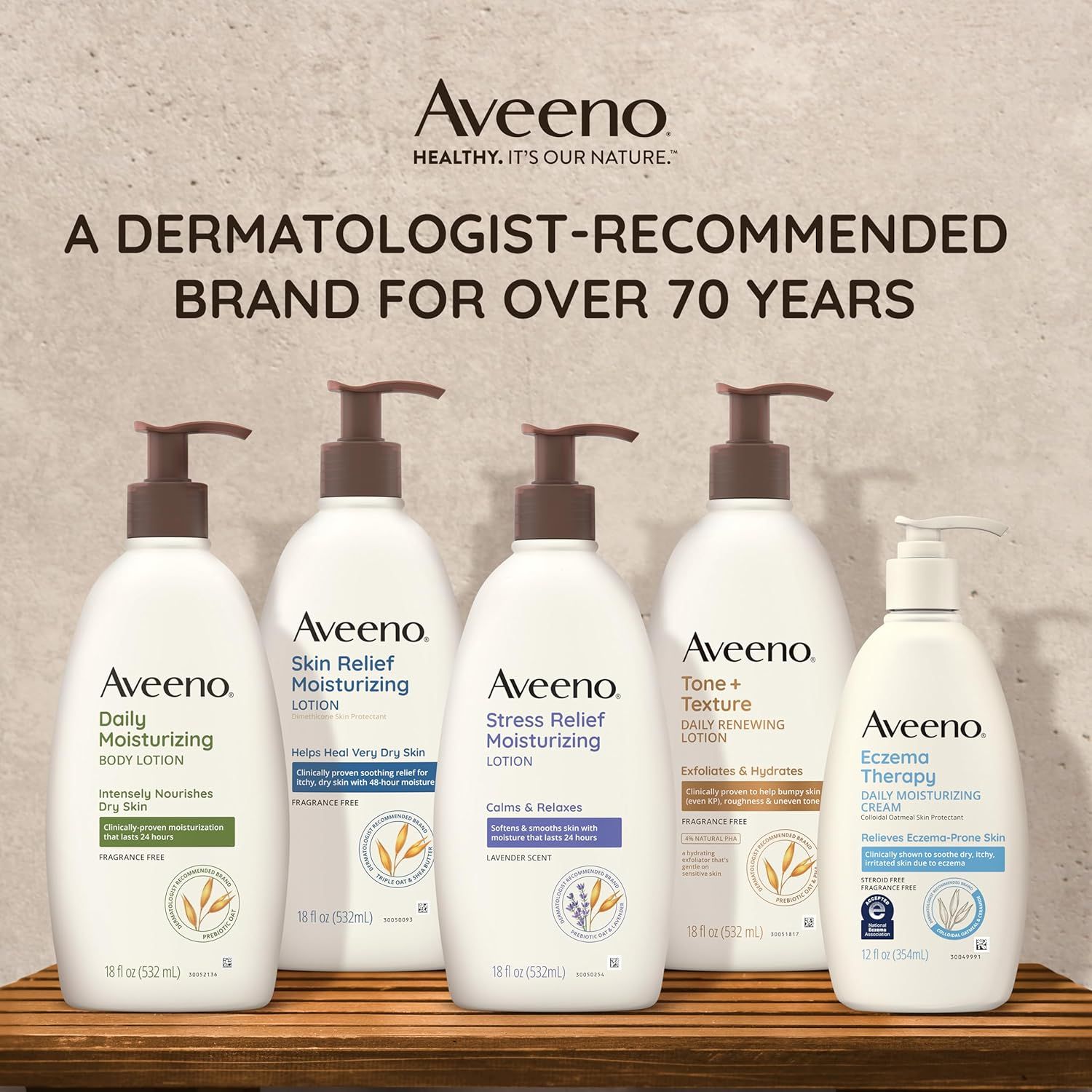 Communicates the brand's credibility and heritage by highlighting dermatologist recommendation for over 70 years while showcasing the Aveeno product lineup to…