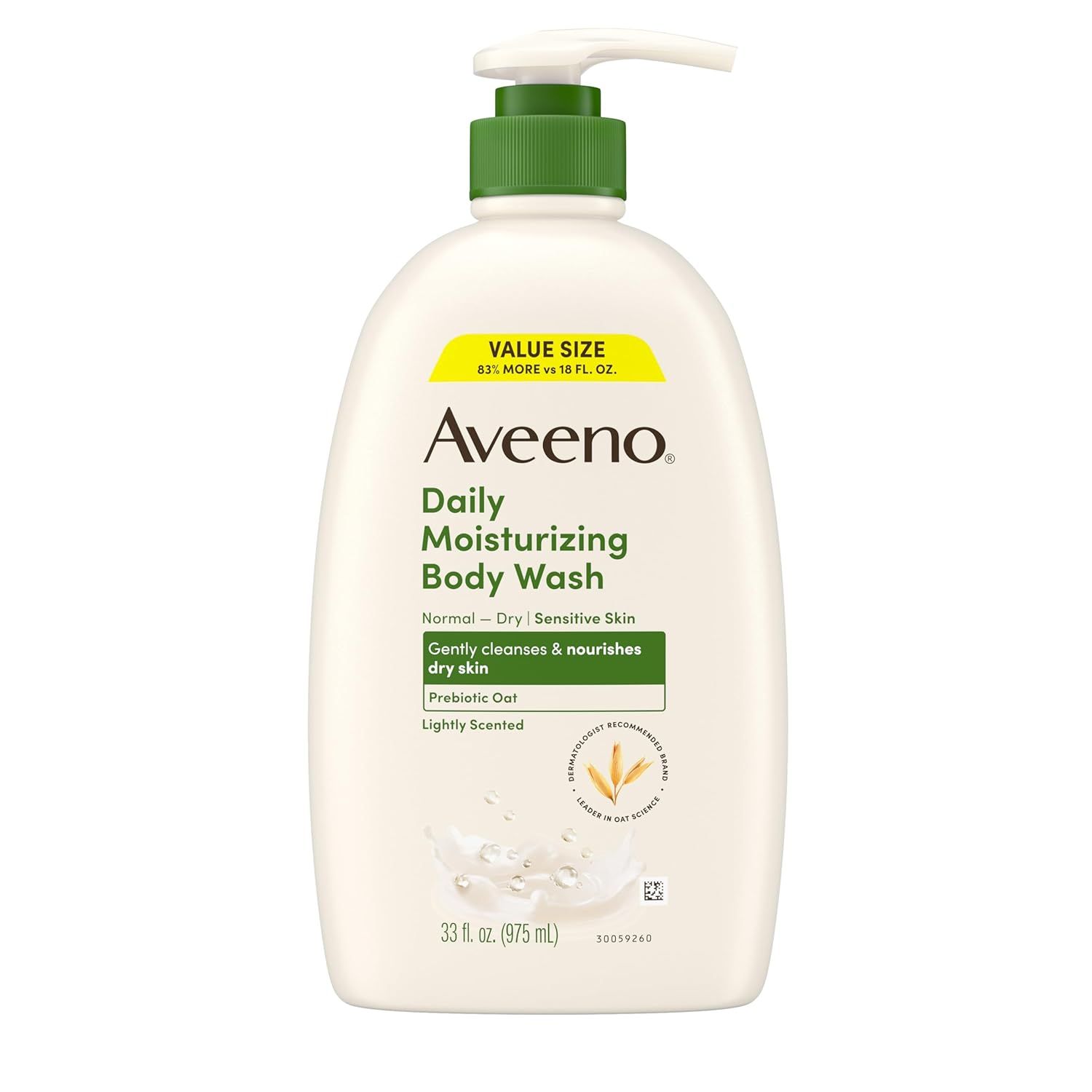 Provides a clean, catalog-style view of the Aveeno Daily Moisturizing Body Wash bottle showing the packaging design, pump dispenser, and product labeling on a…