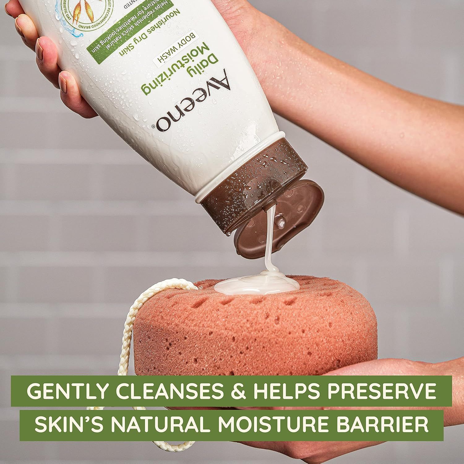 Communicates that the Aveeno Daily Moisturizing Body Wash gently cleanses while preserving the skin's natural moisture barrier, reassuring shoppers about its…