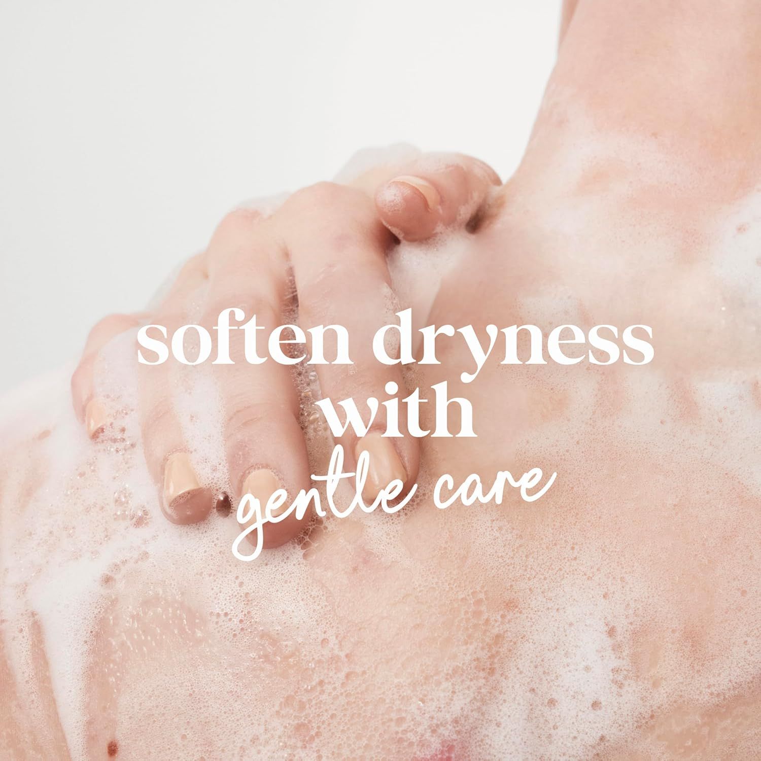 Communicates that the product softens dry skin with gentle, caring ingredients, reassuring shoppers seeking a soothing skincare solution.