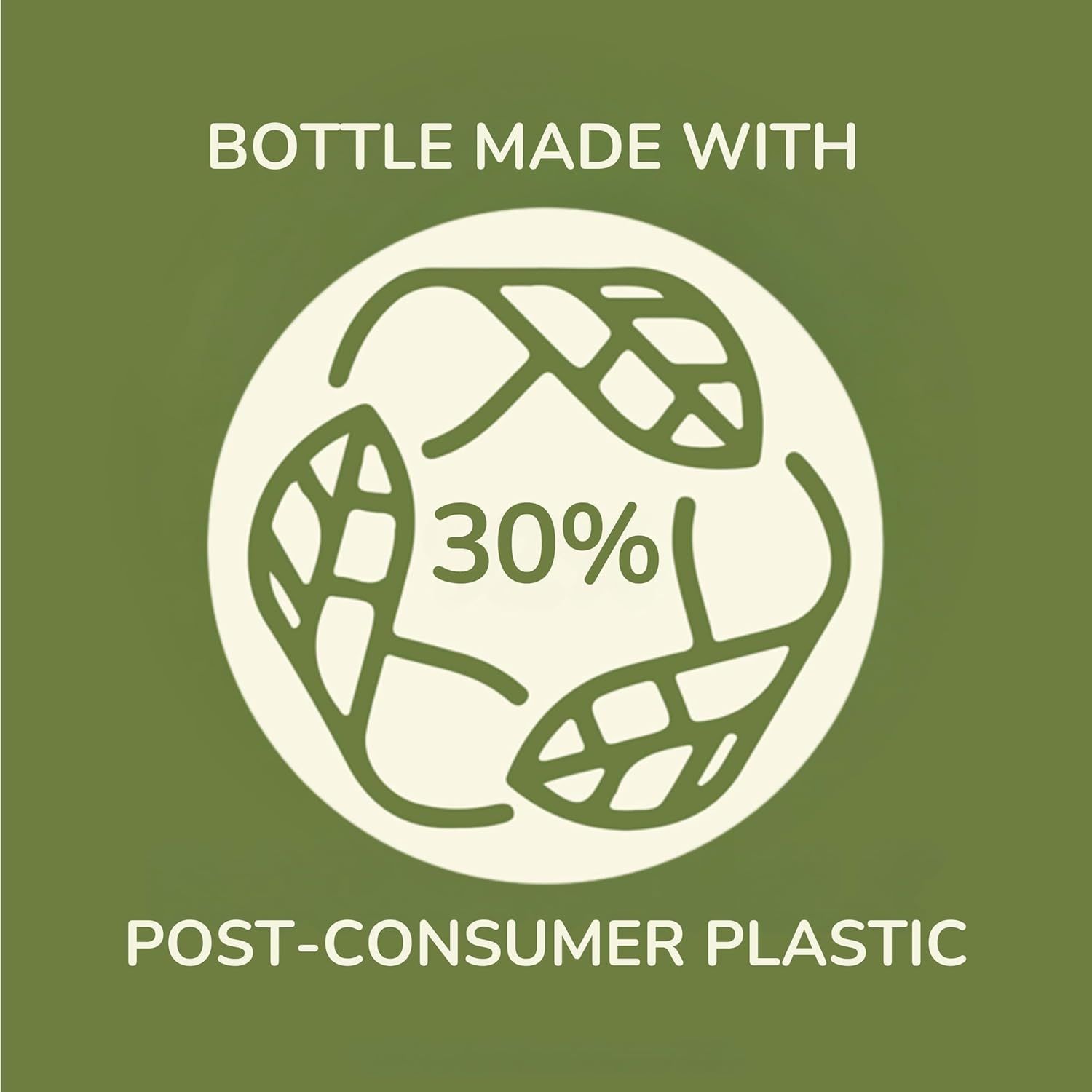 Communicates the product's environmental responsibility by highlighting that the bottle is made with 30% post-consumer recycled plastic, reassuring eco-conscious shoppers. Highlights one clear…