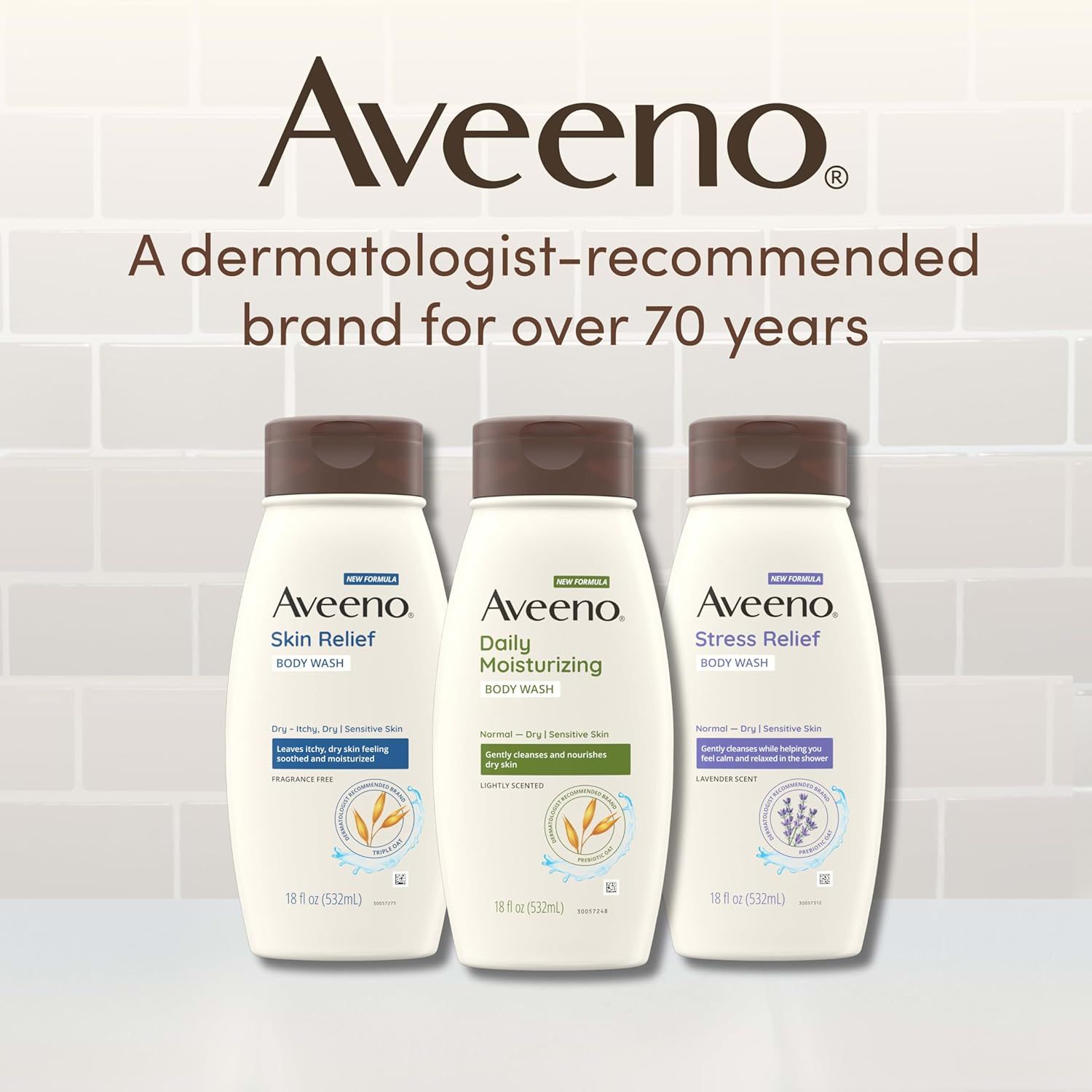 Communicates the brand's 70+ year dermatologist-recommended heritage and showcases three product variants from the Aveeno body wash line to build trust and…