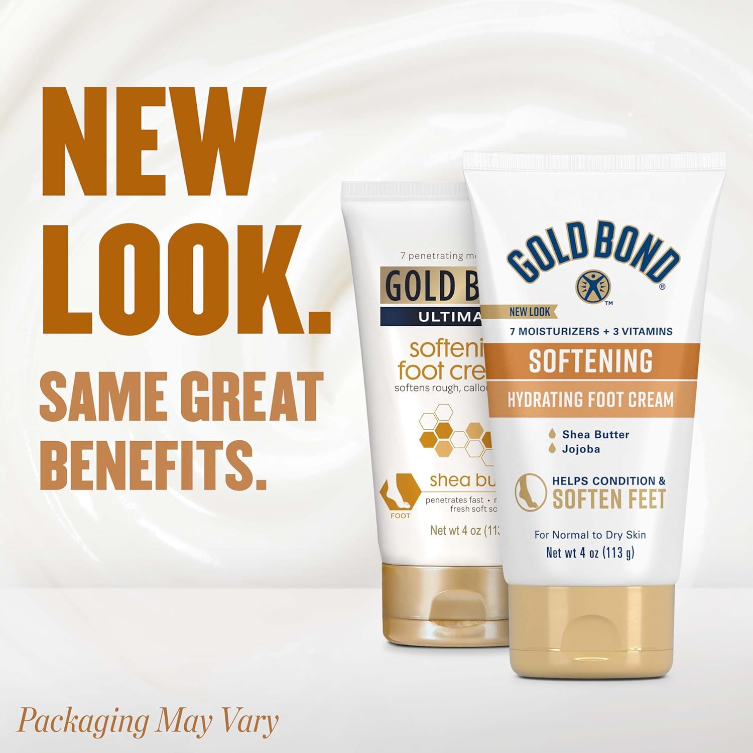 Communicates that the Gold Bond foot cream has a new look while reassuring shoppers that the product benefits remain unchanged, reducing confusion during the…