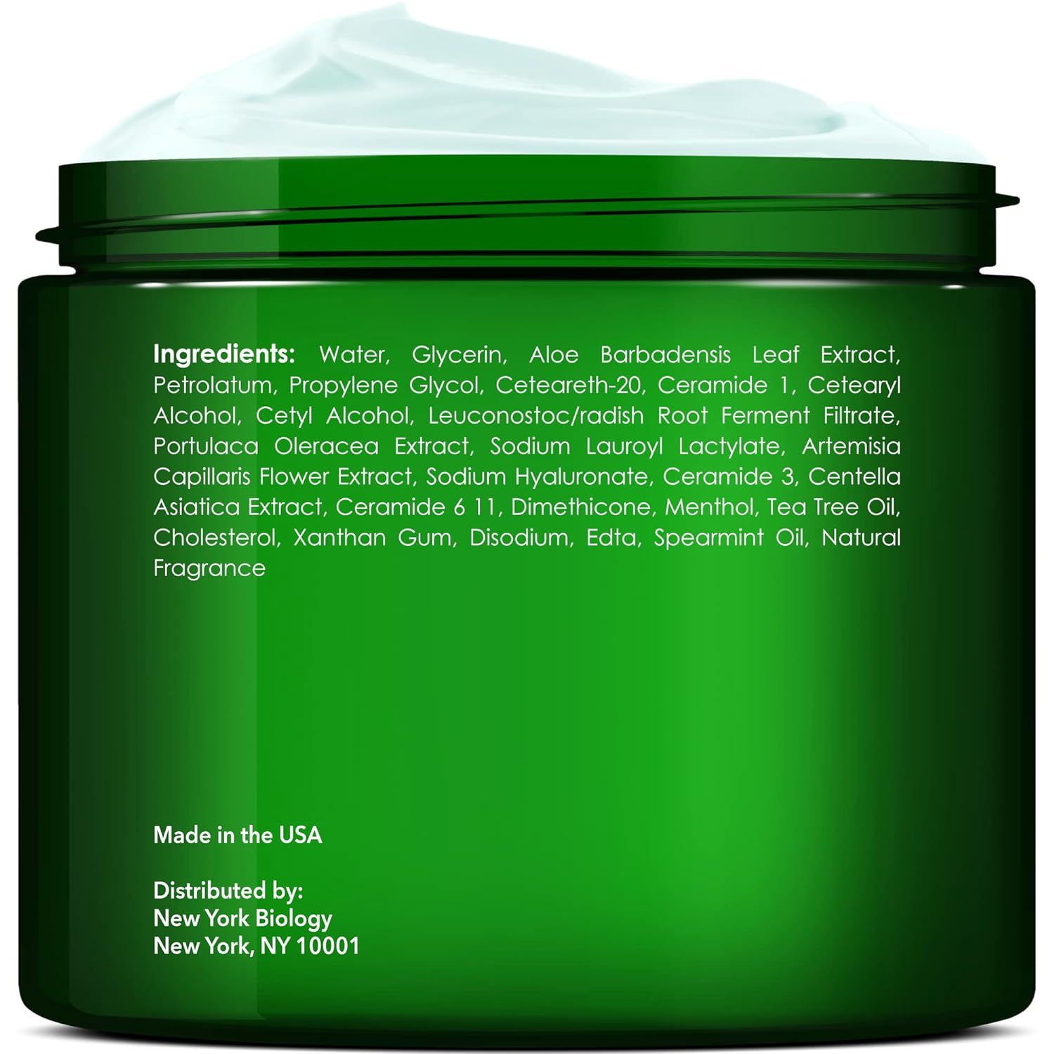 Provides a clean, catalog-style view of the product jar showing the ingredients list and manufacturing information to help shoppers understand what's inside and build trust in the product's origin.