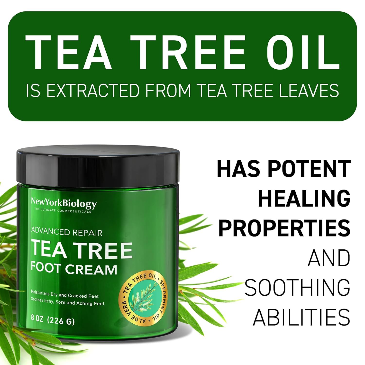Communicates that the tea tree foot cream has potent healing and soothing abilities derived from natural tea tree oil, reassuring shoppers of its therapeutic…