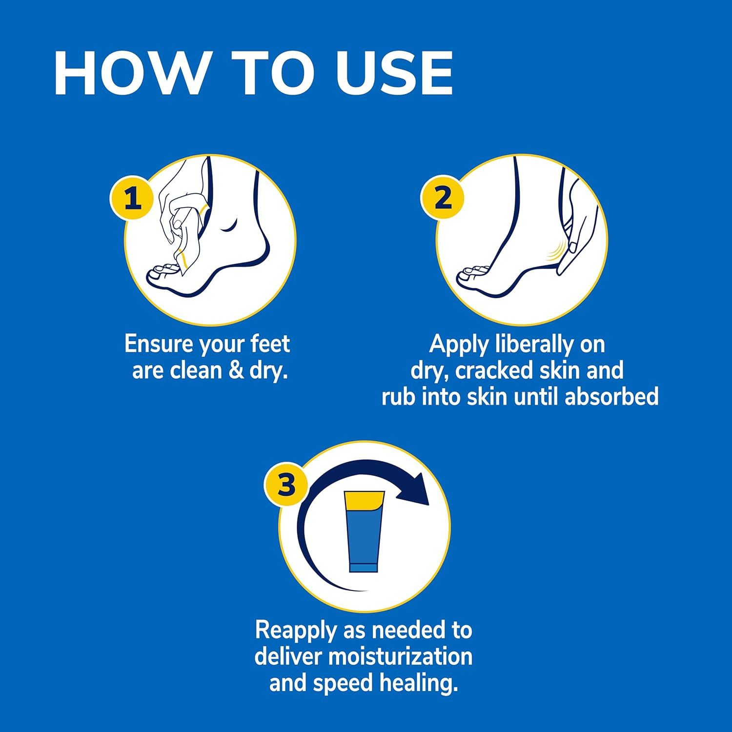 Provides step-by-step instructions on how to properly apply the foot care product to ensure effective moisturization and healing of dry, cracked skin.