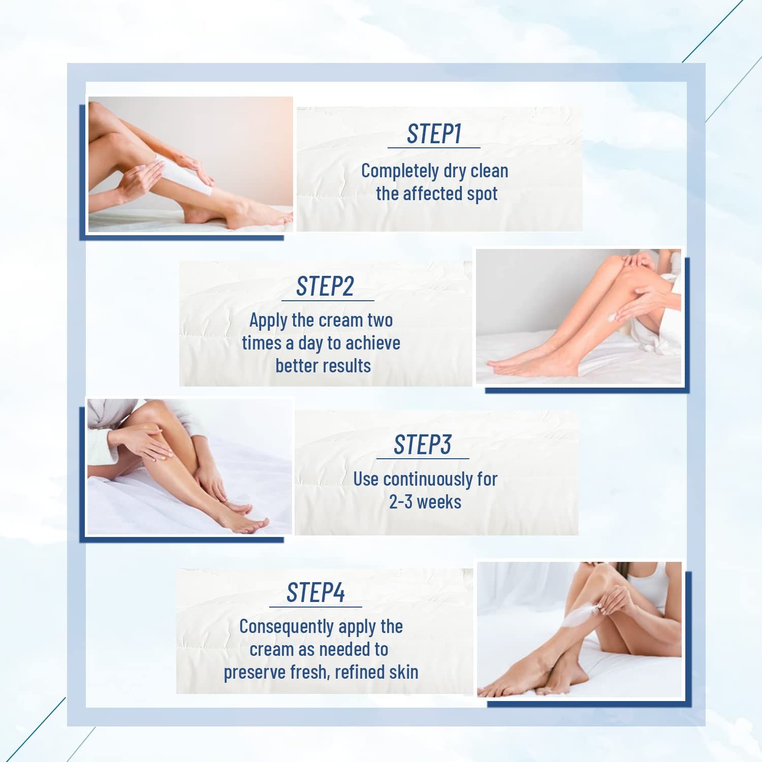 Provides clear step-by-step instructions on how to properly apply and use the cream to achieve optimal results for skin refinement.