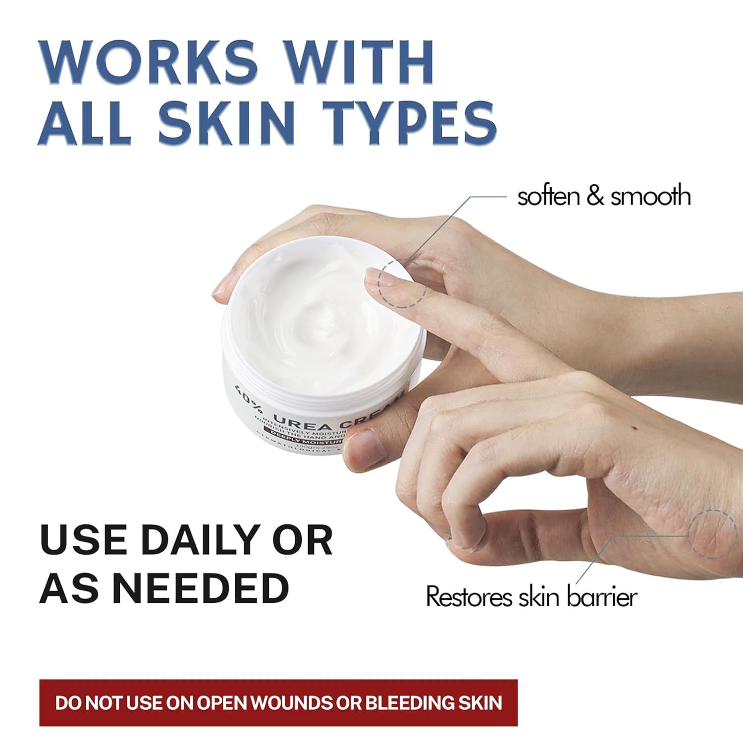 Communicates multiple benefits of the skincare product including universal compatibility, skin-softening effects, barrier restoration, and flexible usage…