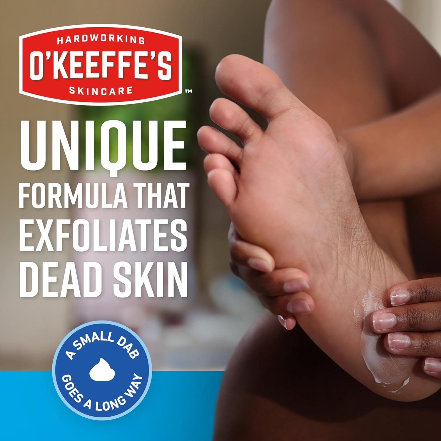 Communicates that the product has a unique exfoliating formula that removes dead skin, while emphasizing efficiency (a small dab goes a long way) to reassure…