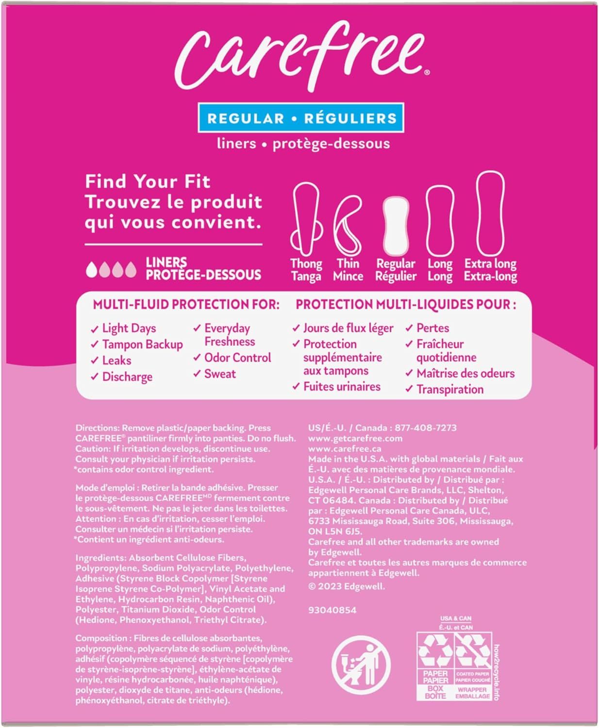 Helps shoppers choose the right liner size and absorbency level from the Carefree product line by showing all available options and their intended uses.