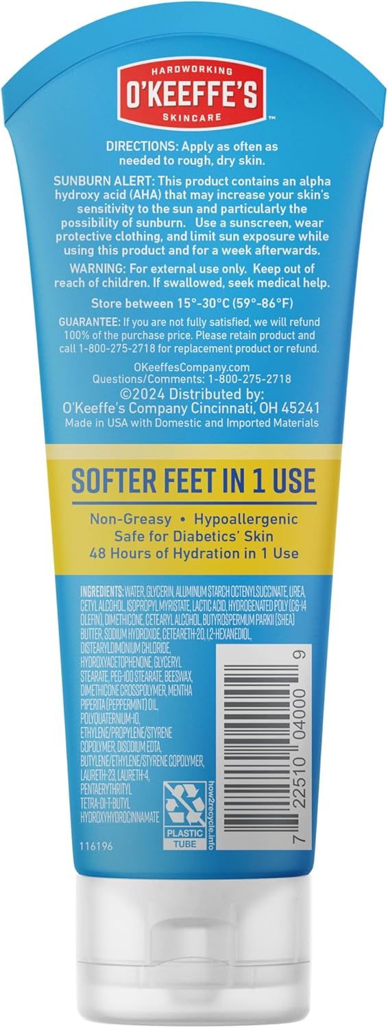 Communicates multiple distinct benefits of the foot cream in a visually segmented layout to reassure shoppers about its effectiveness, safety, and long-lasting hydration.