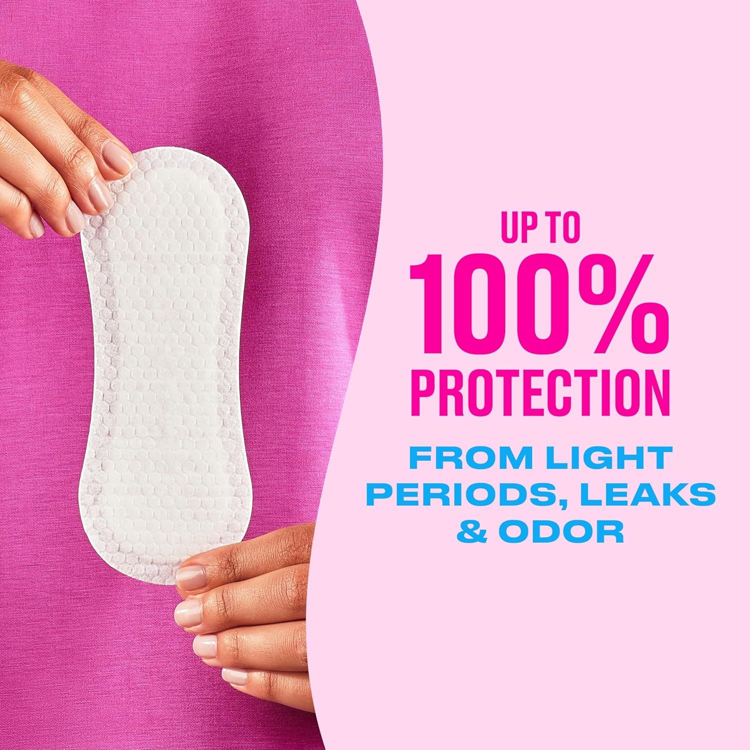 Communicates the product's maximum protection capability with a bold quantifiable claim to reassure shoppers about effectiveness against light periods, leaks,…