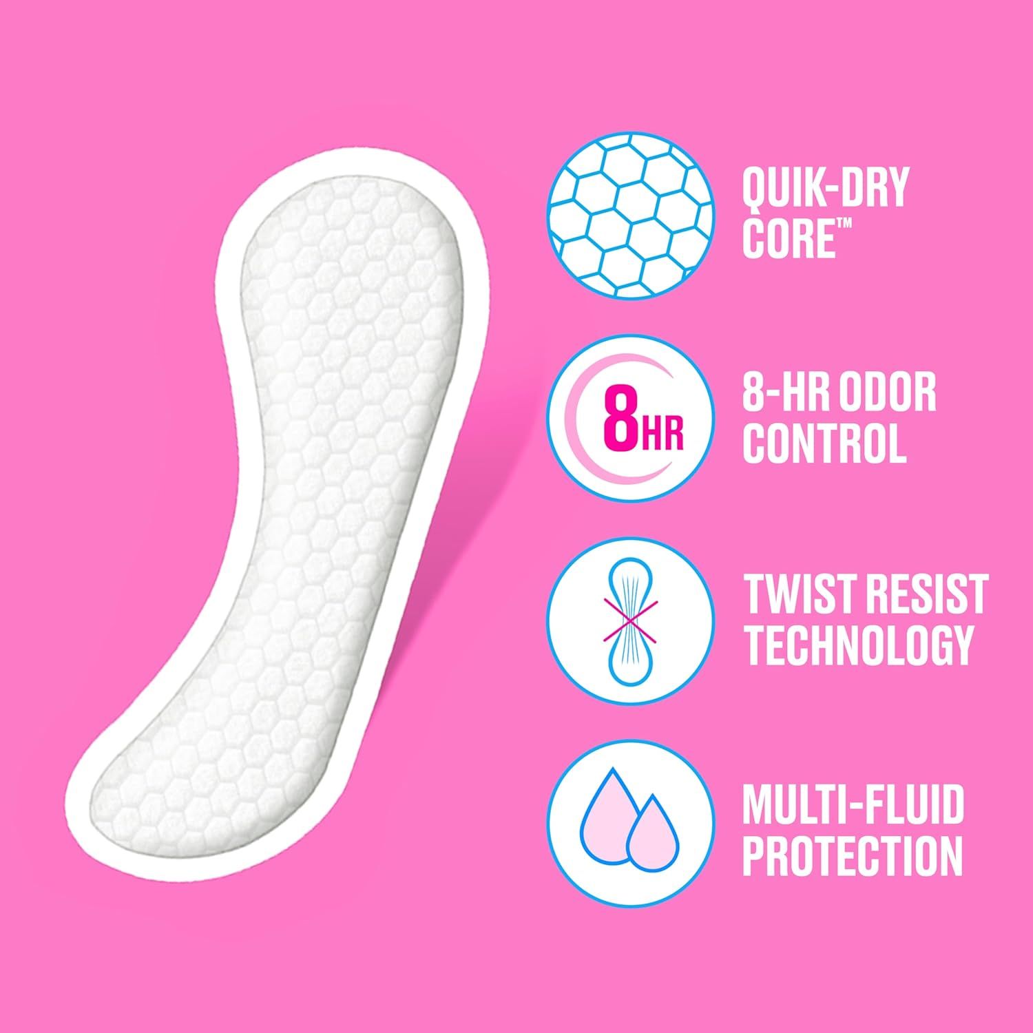 Communicates four distinct product benefits in a segmented layout to reassure shoppers about the pad's performance features including quick-drying, odor…