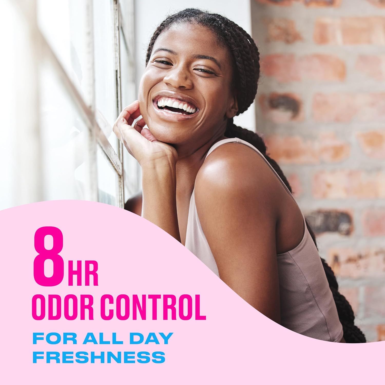 Communicates the product's long-lasting odor protection performance to reassure shoppers they'll stay fresh throughout the day. Highlights the core benefit of…
