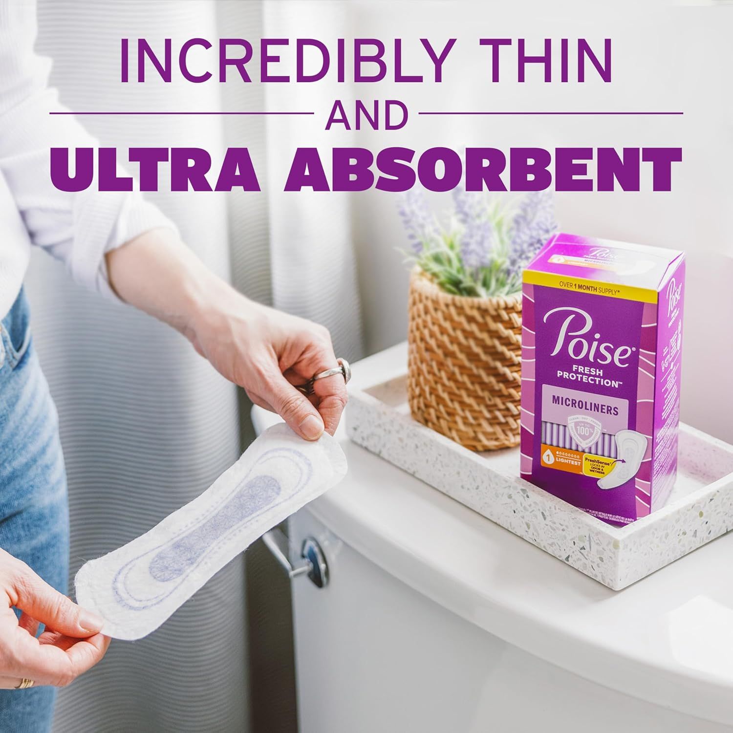 Communicates the dual benefits of the product being incredibly thin while also being ultra absorbent, reassuring shoppers they don't have to sacrifice…