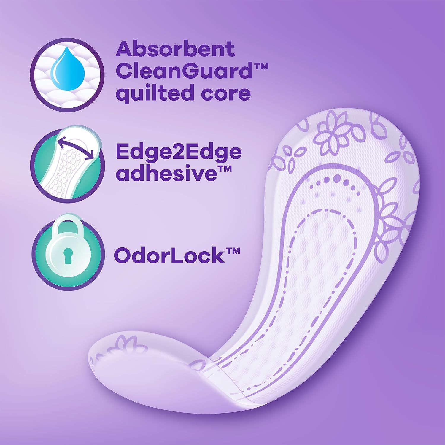 This image breaks down the key structural features and technologies of the pad, highlighting the absorbent core, edge-to-edge adhesive, and odor-locking…