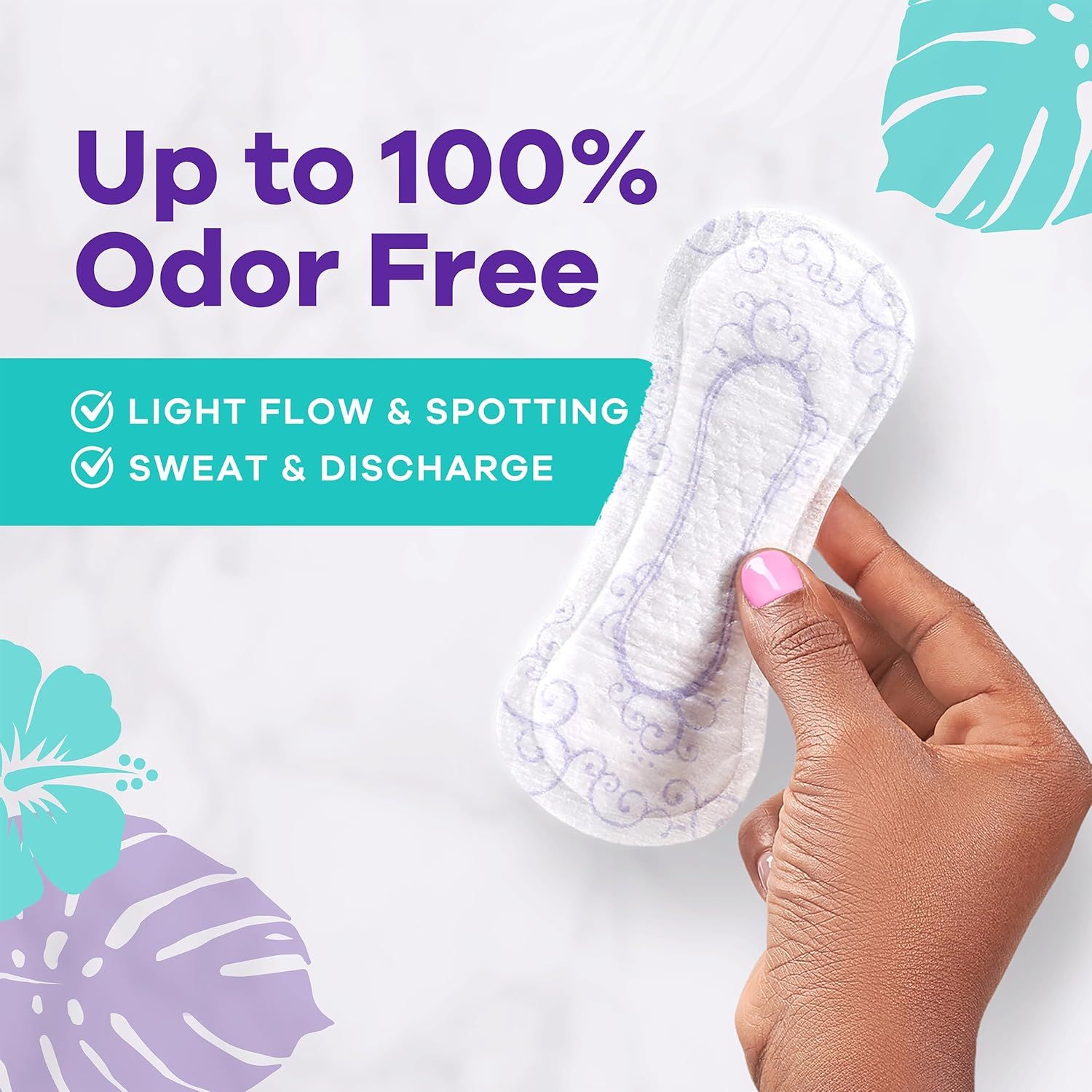 Communicates multiple benefits of the pad including odor elimination and suitability for various light flow situations to reassure shoppers of its versatility…