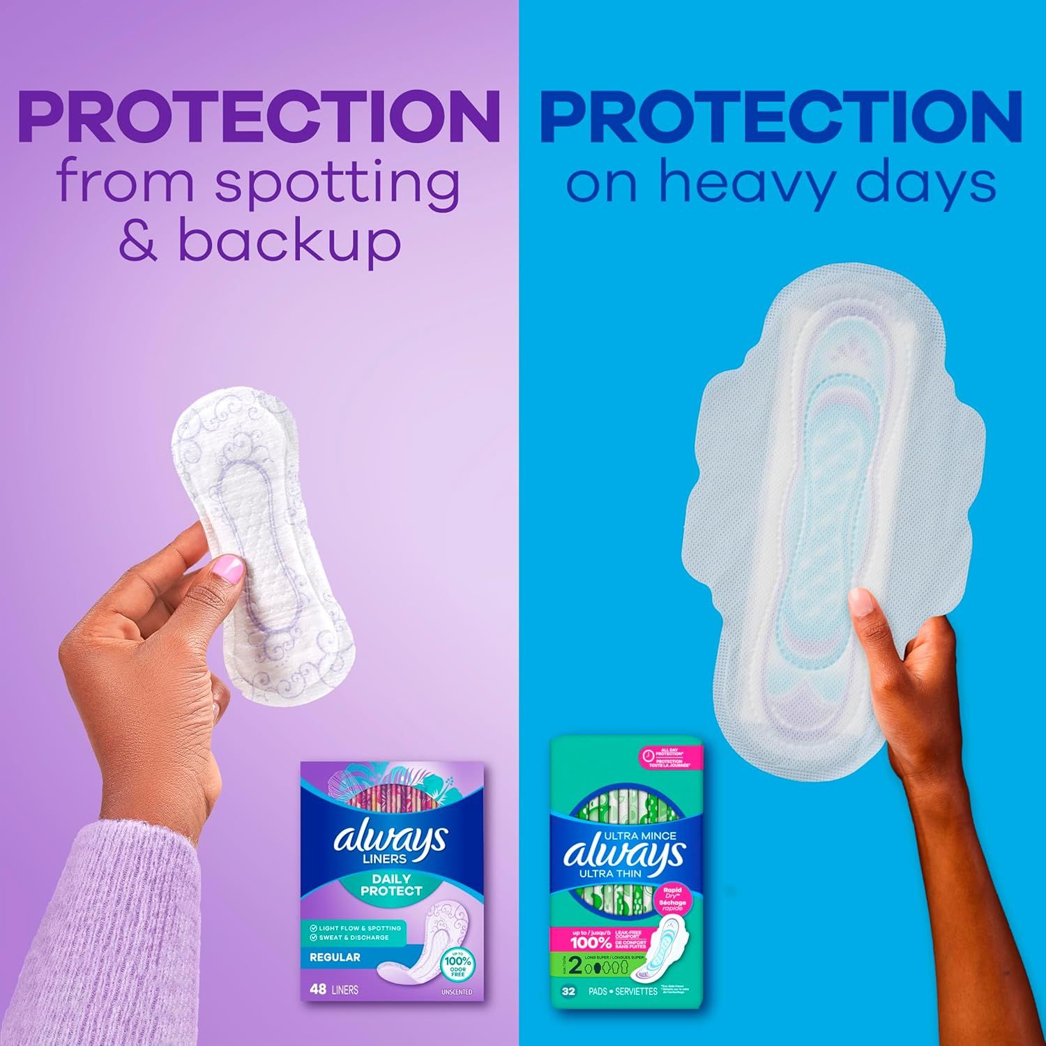 Demonstrates that the brand offers two different protection options—one for light flow with spotting and backup protection, and another for heavy flow days—helping shoppers choose the right product…