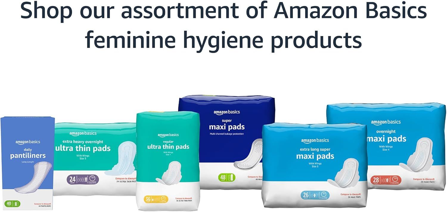 Showcases the variety of Amazon Basics feminine hygiene products available, helping shoppers understand the brand's full product lineup and choose the right…