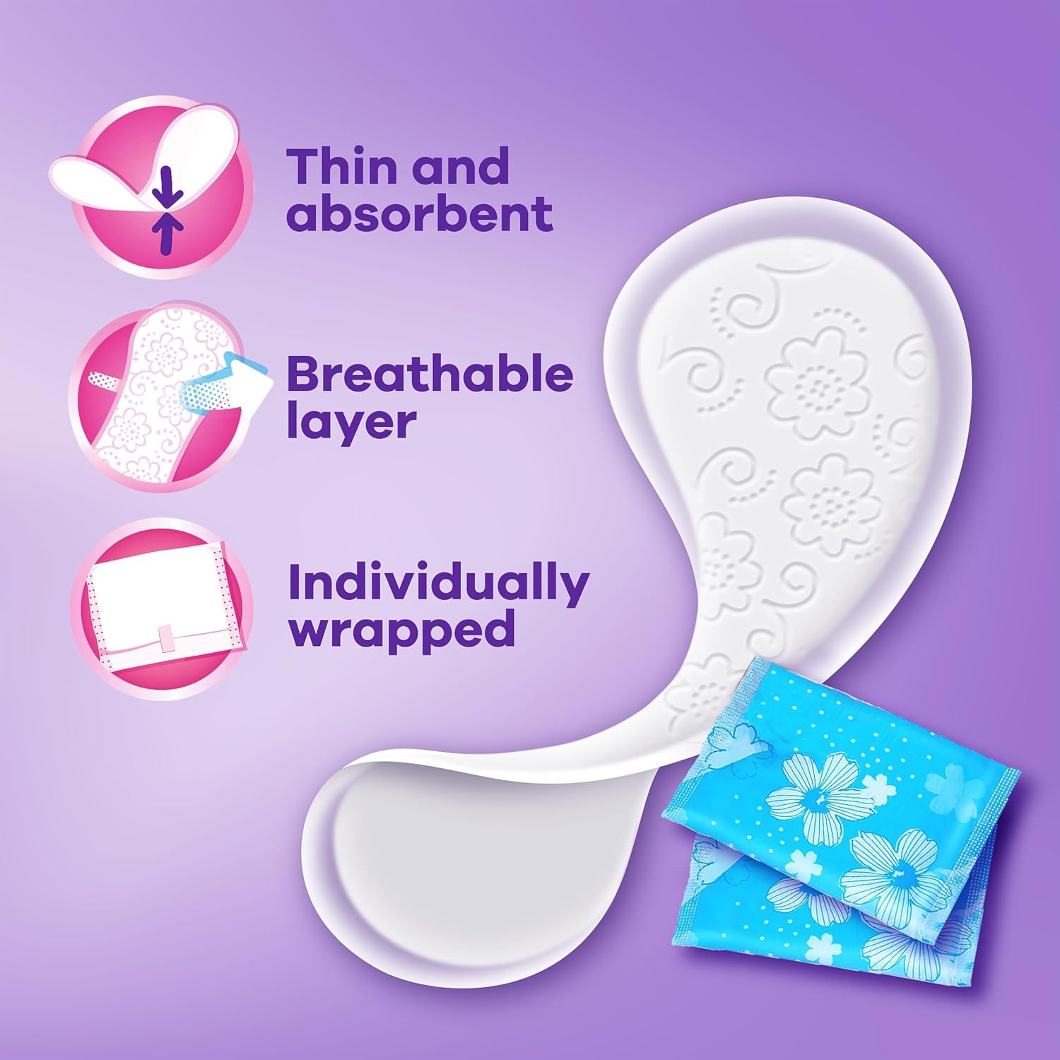 Communicates three distinct product benefits in a segmented layout to reassure shoppers about the pad's comfort, absorbency, breathability, and hygienic…
