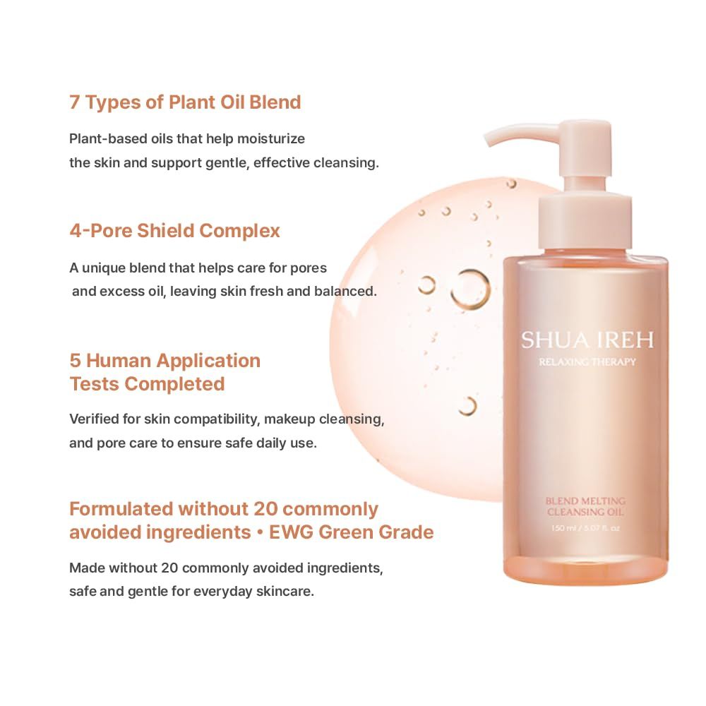 Communicates multiple distinct product benefits in a segmented layout, highlighting the cleansing oil's plant-based ingredients, pore care technology, safety…