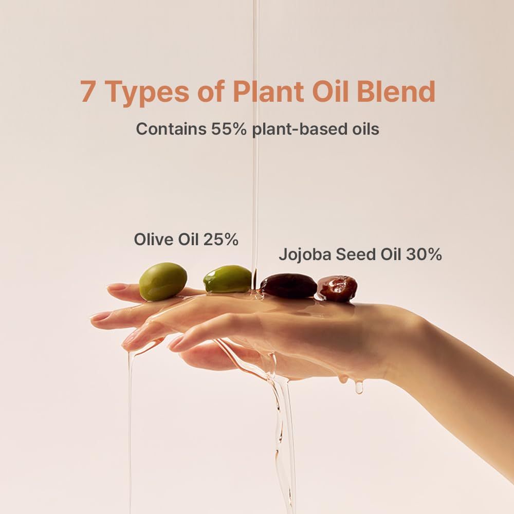 Communicates the product's natural ingredient composition by highlighting the 7-type plant oil blend with 55% plant-based oils, specifically calling out Olive…