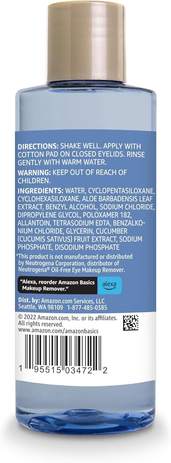 Shows the back label of the makeup remover bottle with directions, warnings, ingredients, and product information for shoppers who want to read detailed usage…