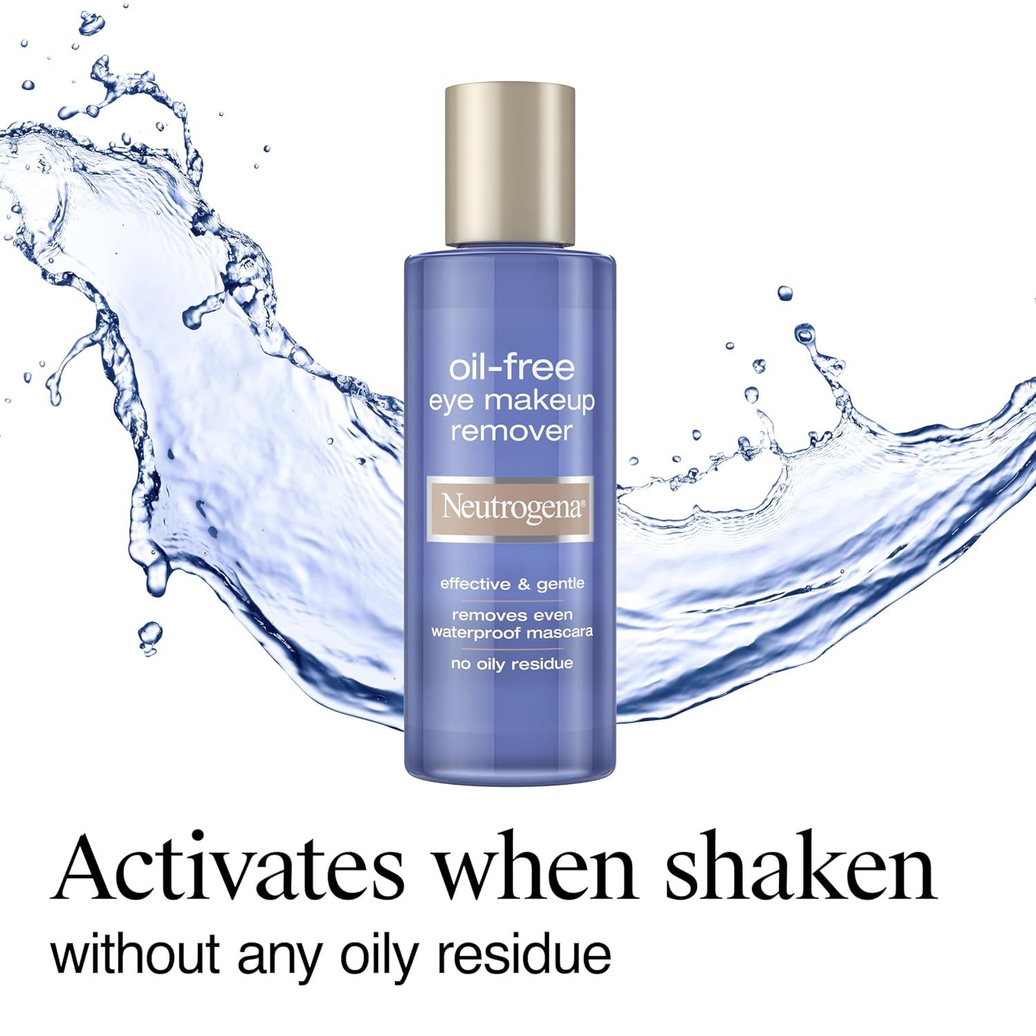 Communicates that the product is an oil-free eye makeup remover that activates when shaken, leaving no oily residue, appealing to shoppers seeking effective…