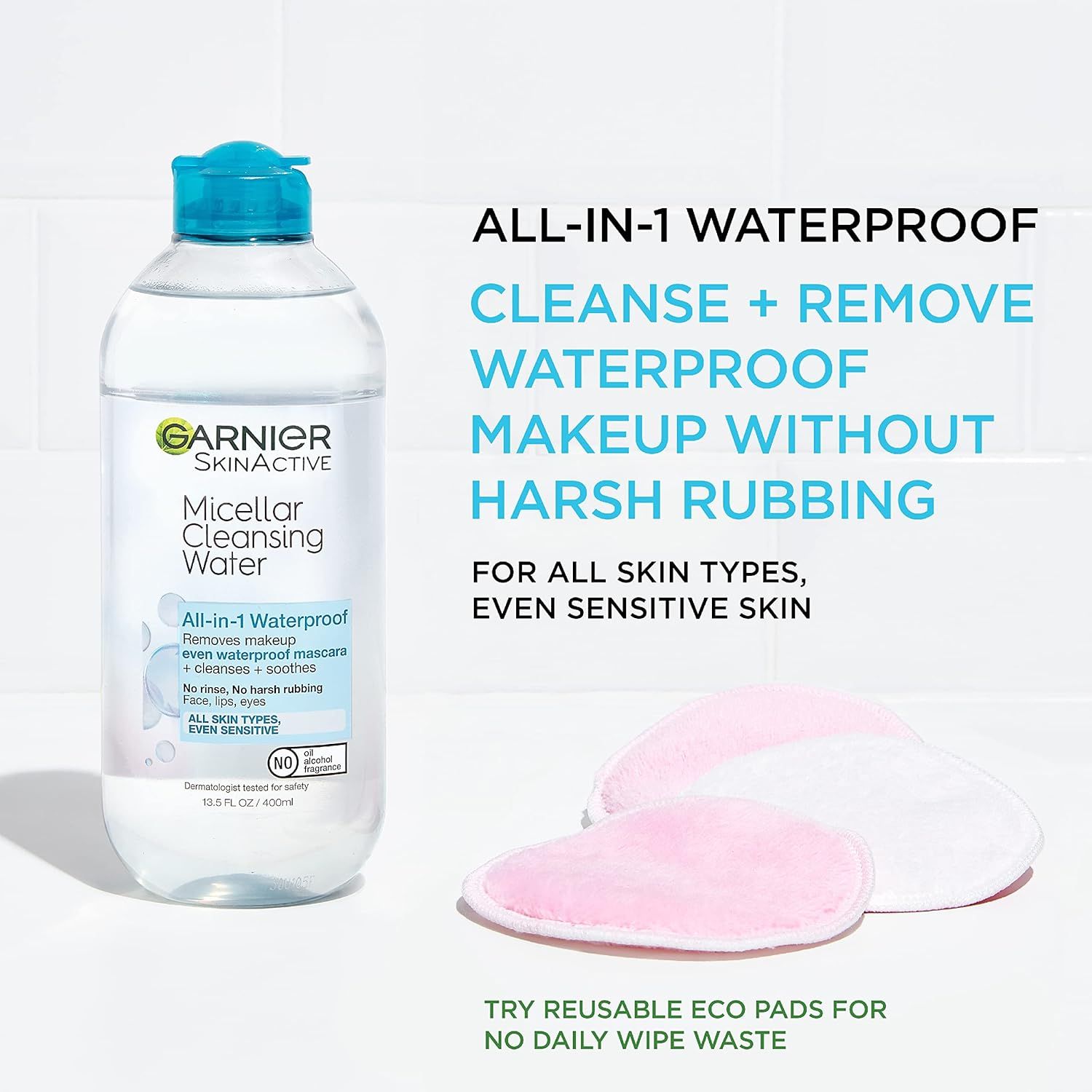 Communicates multiple benefits of the micellar water including waterproof makeup removal, gentle application without harsh rubbing, suitability for all skin…