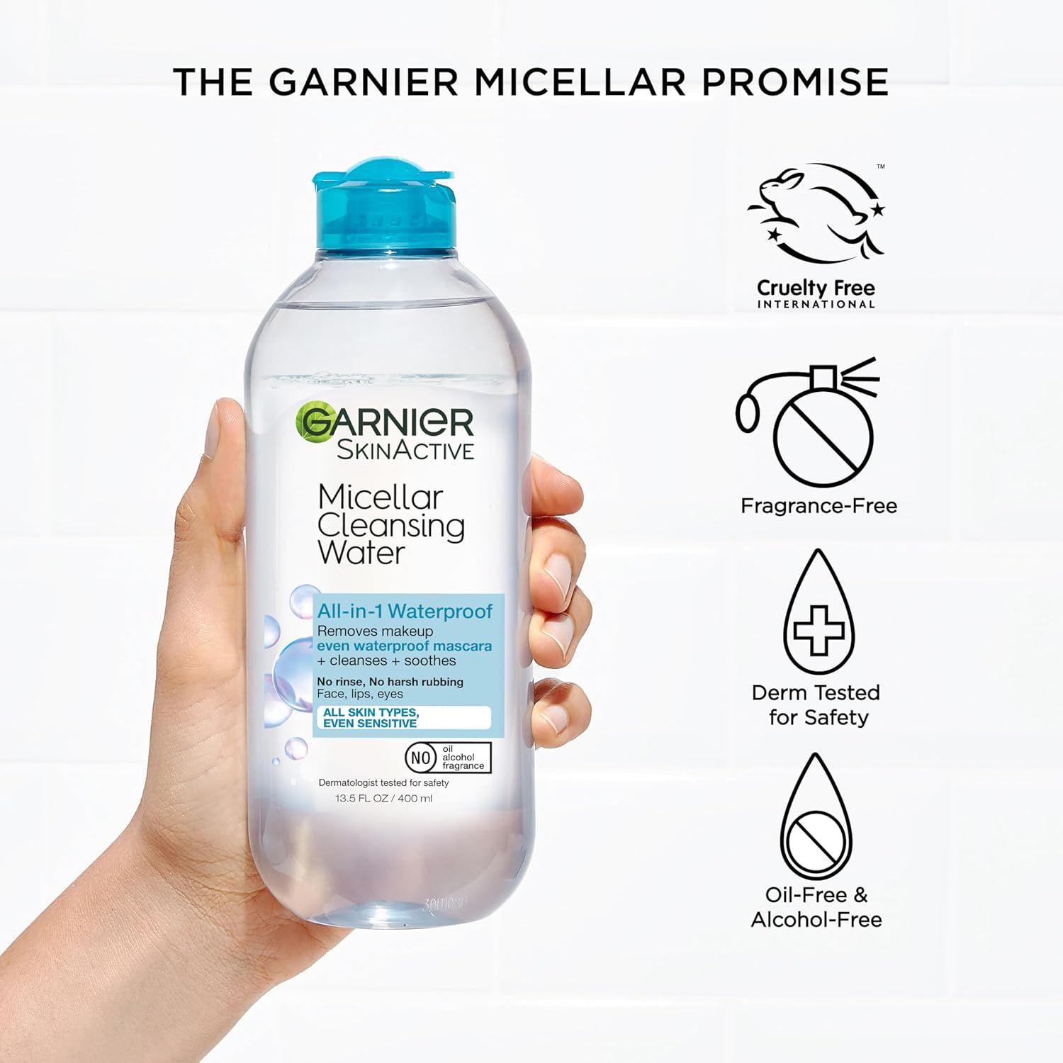 Communicates multiple product benefits and safety features through a segmented layout with icons, reassuring shoppers that the micellar water is gentle, safe,…