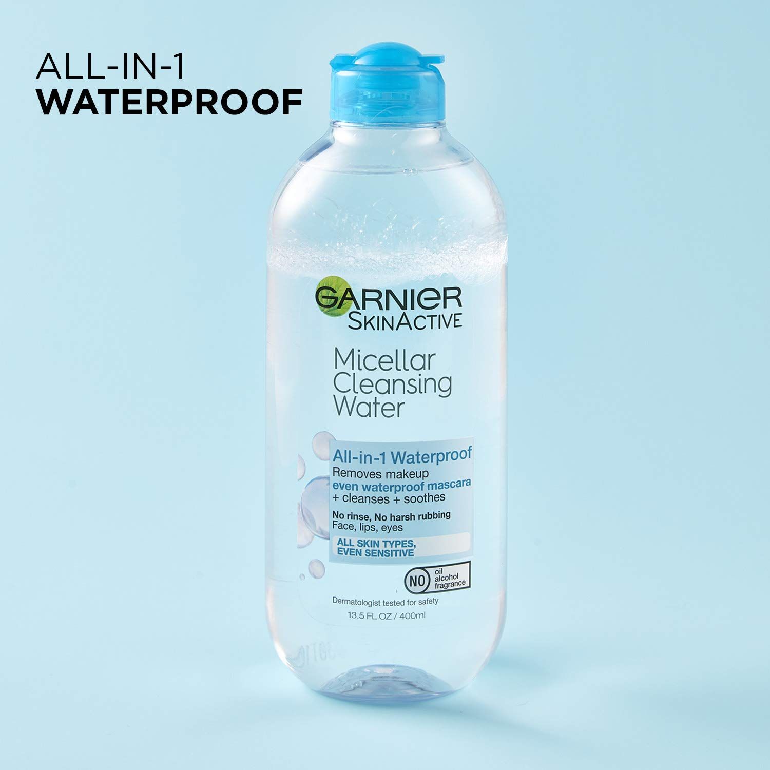 Highlights the product's all-in-one waterproof formula that removes even waterproof mascara, cleanses, and soothes without harsh rubbing, reassuring shoppers of its gentle yet effective performance.