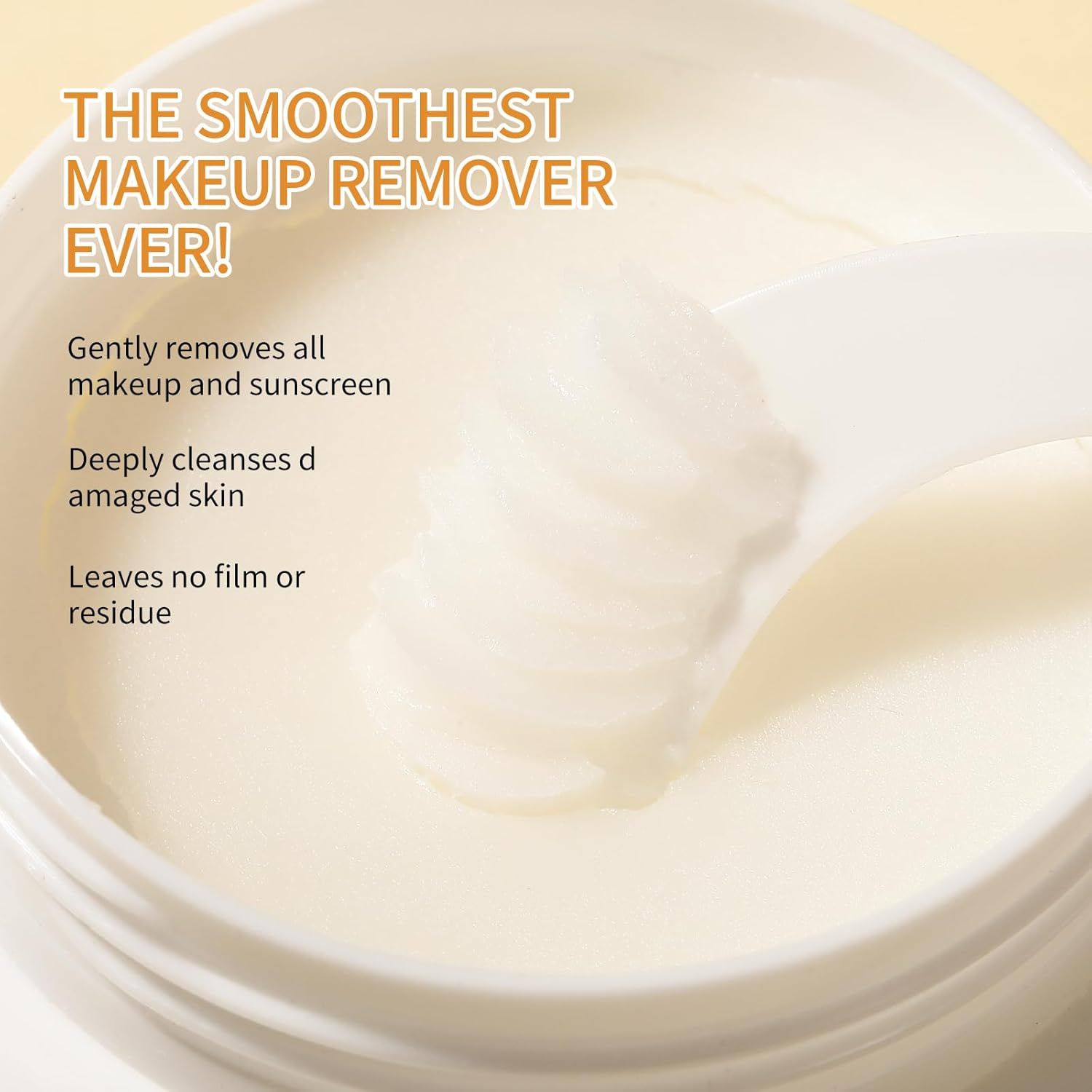 Communicates three distinct benefits of the makeup remover: gentle removal of makeup and sunscreen, deep cleansing for damaged skin, and leaving no film or…