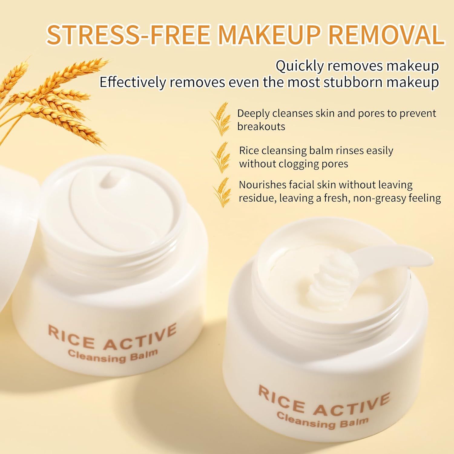 Communicates multiple distinct benefits of the rice cleansing balm including effective makeup removal, deep pore cleansing, easy rinsing without clogging, and nourishing without residue to reassure…