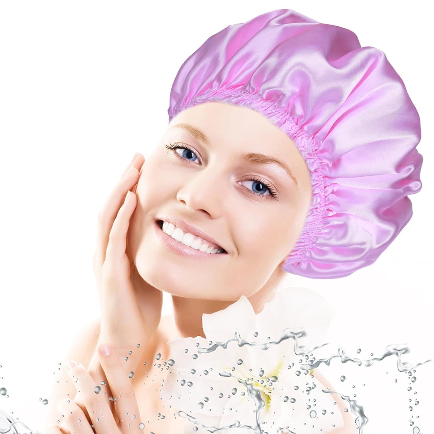 Demonstrates that the shower cap is waterproof and protects hair from water, reassuring shoppers of its effectiveness during showers or baths.