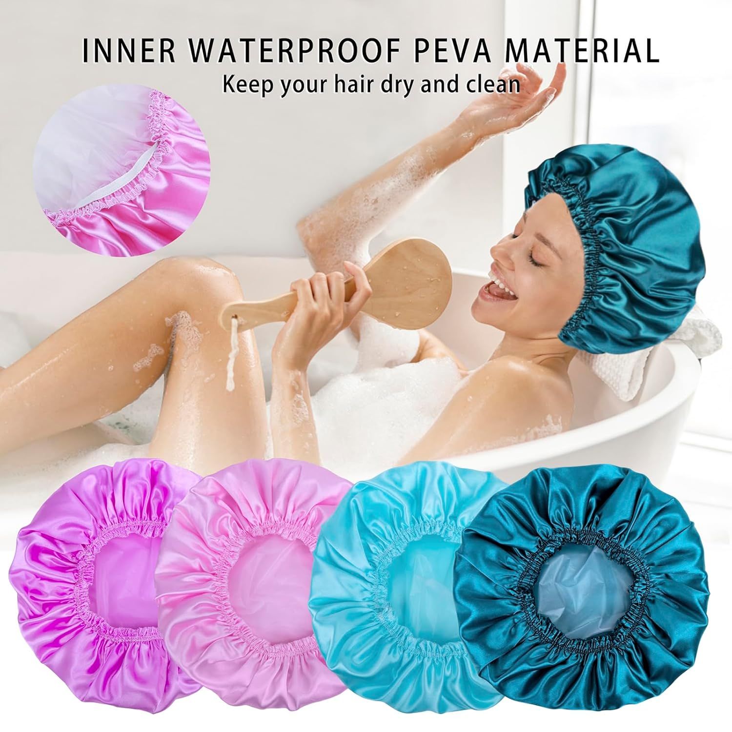 Highlights the waterproof PEVA material construction of the shower cap to reassure shoppers that it will effectively keep hair dry and clean during bathing. Communicates the primary benefit of…