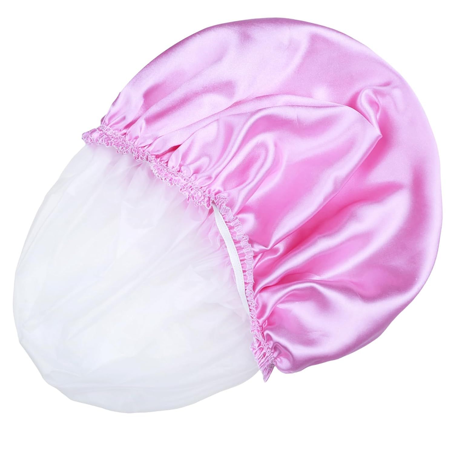 Provides a clean, catalog-style view of the pink satin bonnet product to show its appearance, color, and elastic design without distractions.