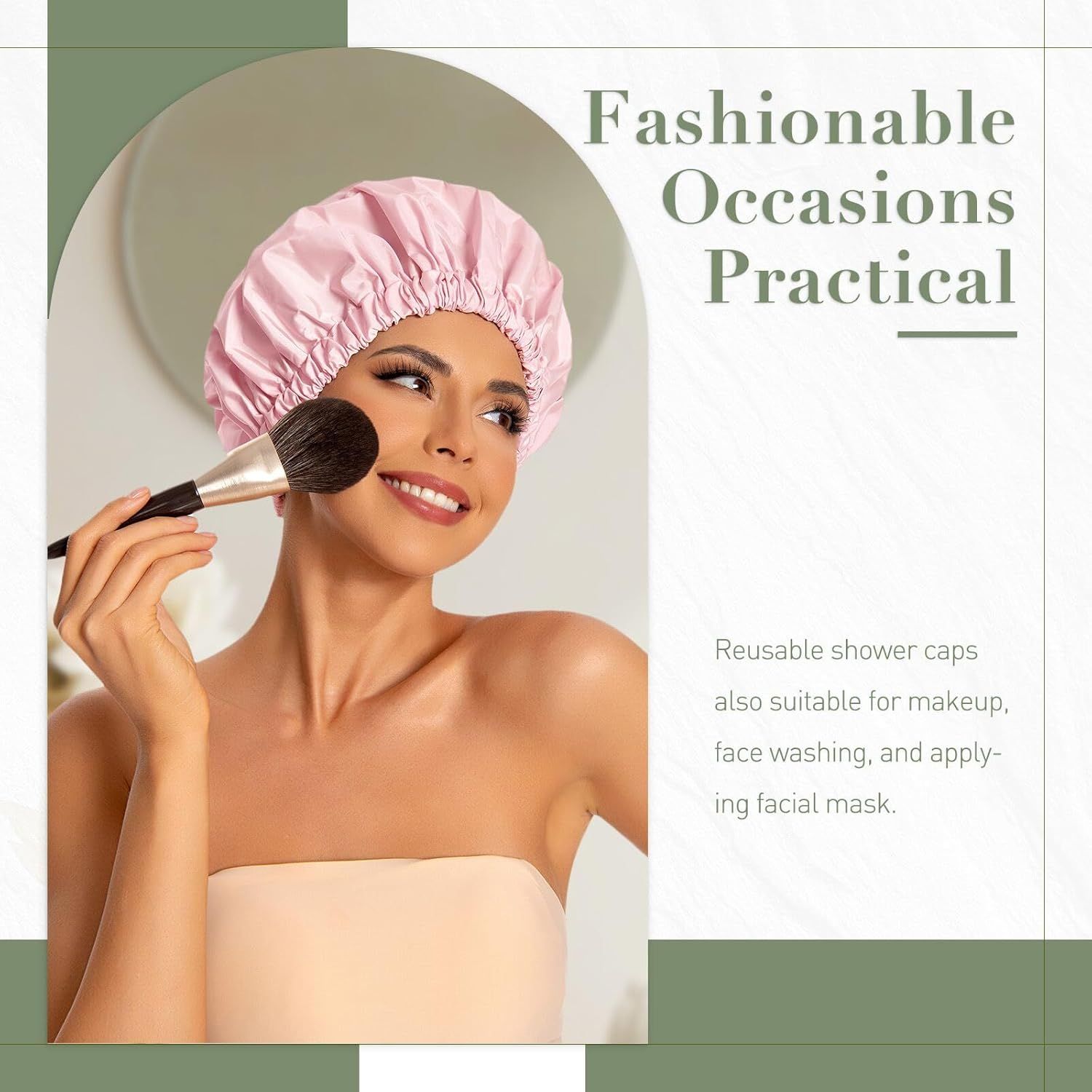 Demonstrates the versatility of the reusable shower cap by showing it can be used for multiple purposes beyond showering, including makeup application, face washing, and facial masks. Highlights the…