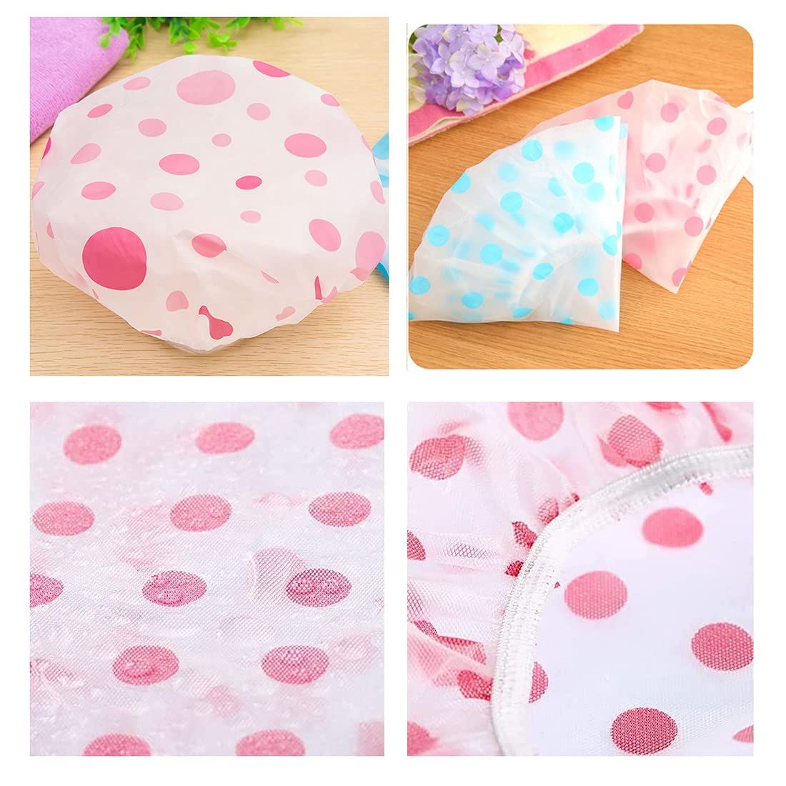 Displays the product in multiple angles and color variations (pink and blue polka dots) to show shoppers the design options and physical appearance of the shower cap.