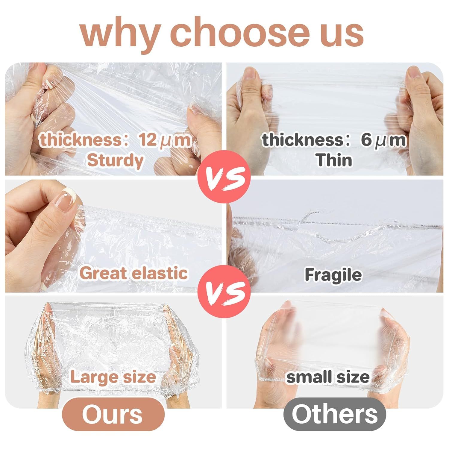 Demonstrates the superiority of this product over competing products by showing it is thicker, more elastic, and larger in size, reassuring shoppers they are getting better quality and value.…