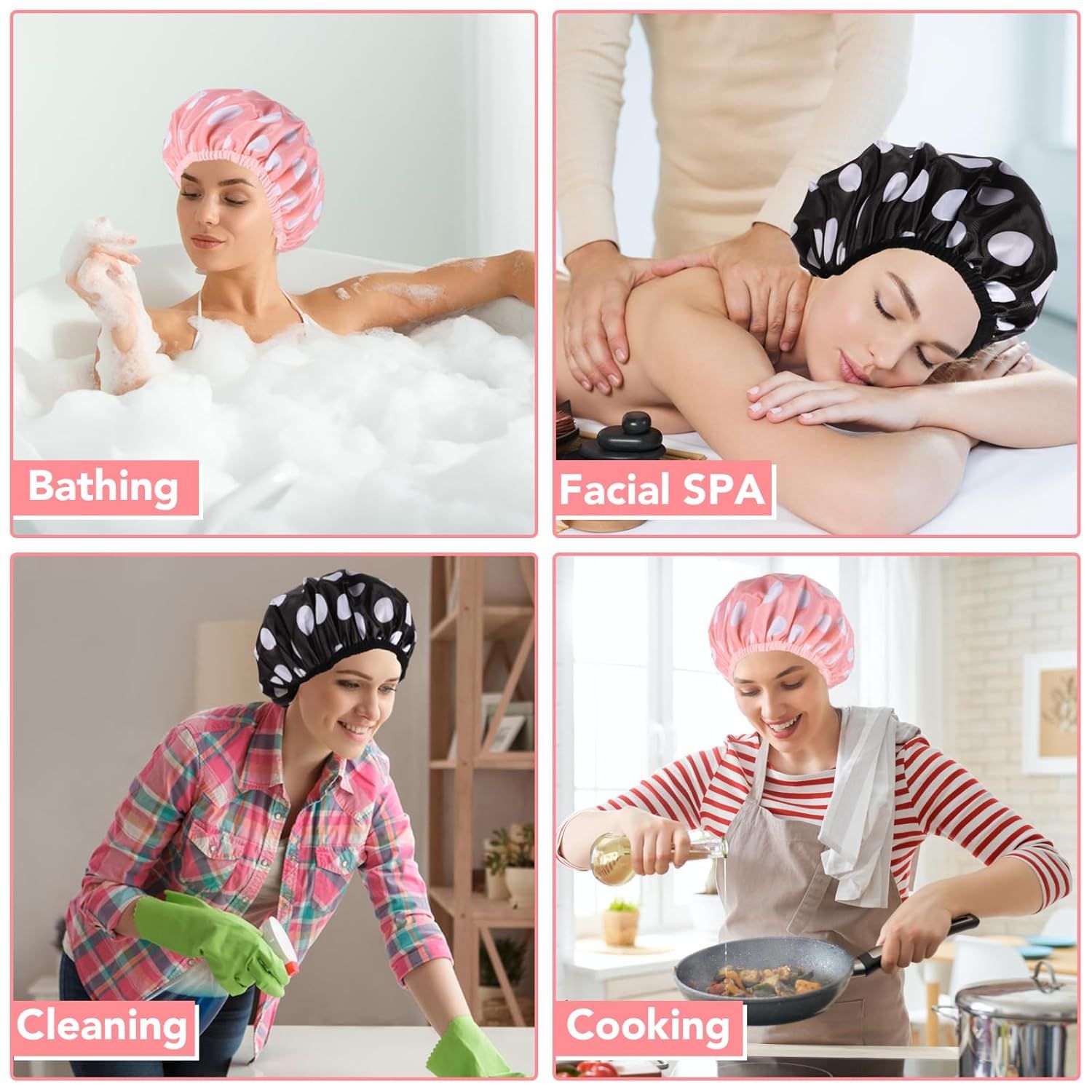 Demonstrates the versatility of the shower cap product by showing it can be used in multiple real-world scenarios including bathing, spa treatments, household cleaning, and cooking.
