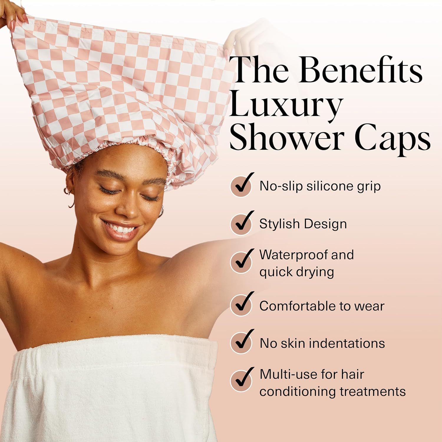 Communicates multiple distinct benefits of the luxury shower cap through a visually segmented checklist layout, reassuring shoppers of its functional and aesthetic advantages.