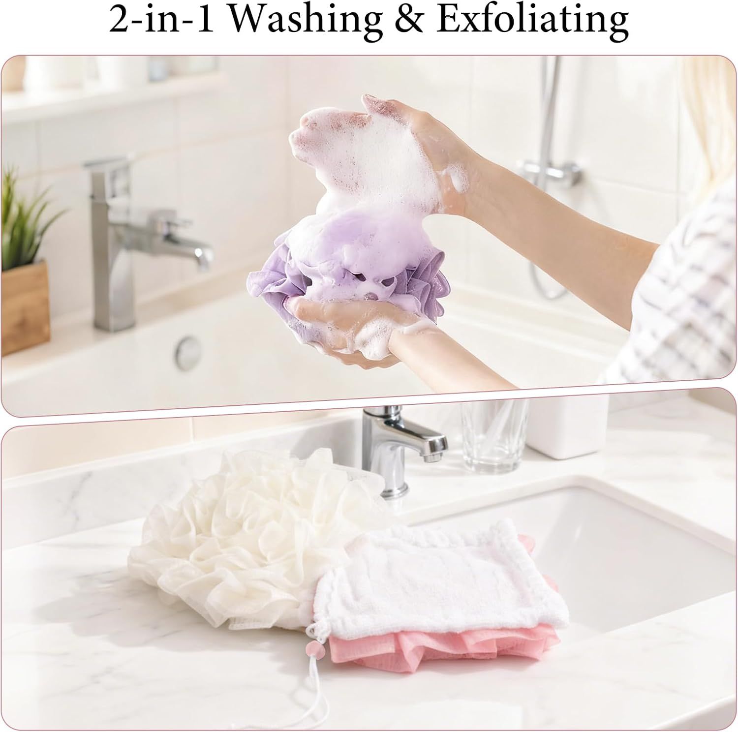 Communicates the dual-function benefit of the product, showing it can both wash and exfoliate in one step, simplifying the skincare routine.